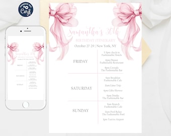 Pink Bows Birthday Itinerary Template: Editable Weekend Event (Digital Download)