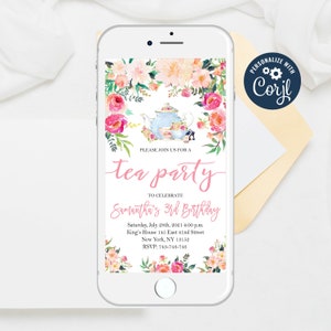 Editable Tea Party Invitation: Floral Birthday Text Invite (Digital)