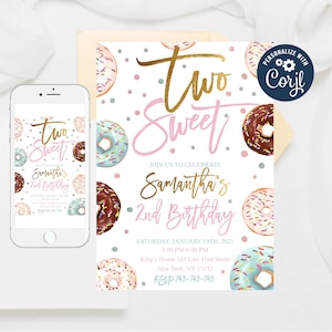 Editable Two Sweet Donut Birthday Invitation Donut 2nd Birthday Invitation Two Sweet Donut 2nd Birthday Party, Template Invitation 10