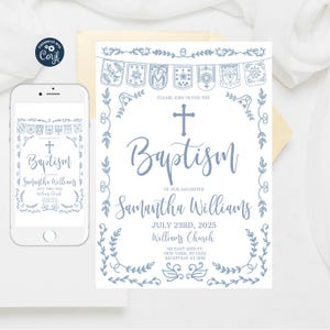 Bewerkbare Papel Picado-doopuitnodiging, stoffige blauwe sjabloon, Mexicaanse themajongen Bautizo-uitnodigingssjabloon, Bautizo Instant Download