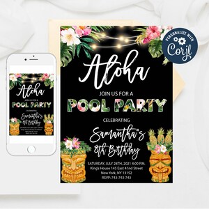Invitación a fiesta en la piscina Aloha Luau: Plantilla editable de cumpleaños Tiki