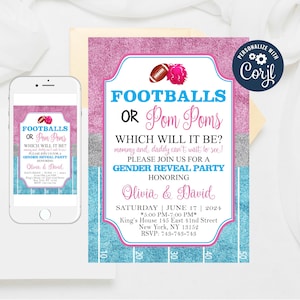 Football or Pom Poms Gender Reveal Invitation Template (Editable)