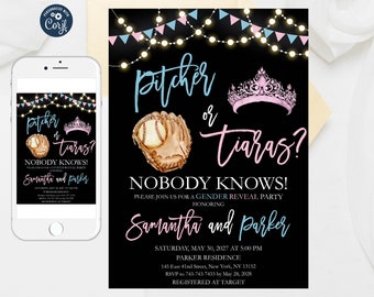 Pitcher or Tiaras Gender Reveal Invitation Template (Editable)
