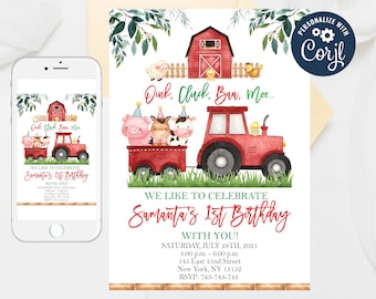 Boy's Farm Animals Birthday Invitation: Red Barn (Editable Template)