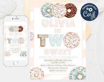 Two Sweet Donut Birthday Invitation: Editable Donut Party Invite (Digital)