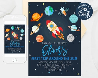 Editable Space First Birthday Party Invitation First Trip Around the Sun Galaxy Moon Planets Birthday Invitation Outer Space Party 178-3