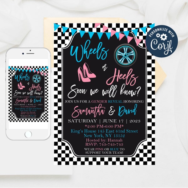 Editable Wheels or Heels Gender Reveal invitation, Cars Wheels Trucks, Girl or boy invitation,Gender reveal party invitation Templates 361-4