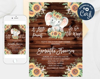 Elephant Sunflower Baby Shower Invitation: Rustic Editable Template (Instant Download)
