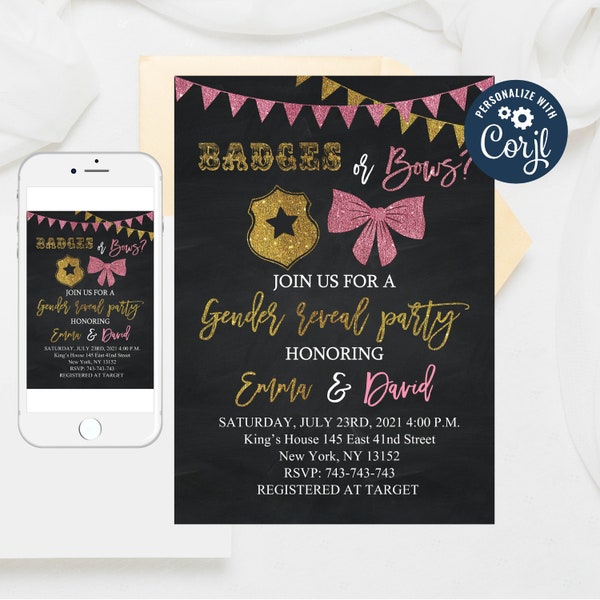 Editable Badges or Bows Baby Shower, Police Officer gender reveal invitation, Chalkboard Badges or Bows Gender Reveal Party Templates 45