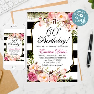Editable Floral Birthday Invitation, 60th Birthday Invitation for women, Surprise 60th Birthday, Template invitation 219