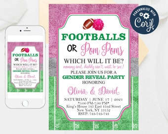 Football or Pom Poms Gender Reveal Invitation Template (Digital Download)