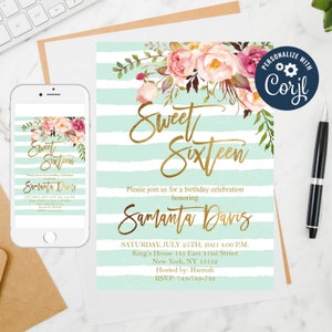 Floral Sweet Sixteen Invitation: Mint Stripes, Gold Glitter (Editable Template)