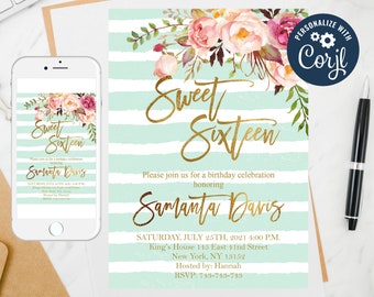 Floral Sweet Sixteen Invitation: Mint Stripes, Gold Glitter (Editable Template)