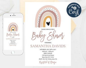 May include: A pink and brown rainbow with black polka dots and a small heart in the centre. The text "Please join us for a Baby Shower honouring Samantha Davids" is below the rainbow. The text includes the date, time, location, RSVP information, and registry information.