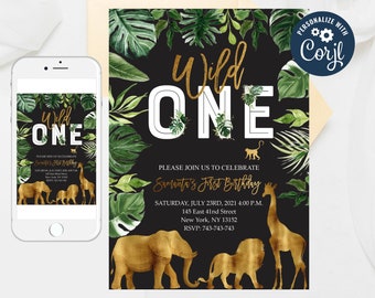 Editable Wild One Invitation Jungle animals Lion Giraffe Elephant Wild one invitation Jungle FIrst birthday Gold Black and White Jungle 302