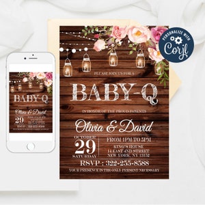 Rustic Baby-Q Shower Invitation: Mason Jar Lights (Editable Template)