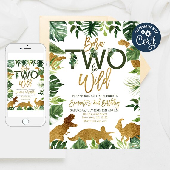 Born Two Be Wild Dinosaur Birthday Invitation Template (Editable)