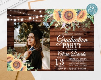 Sunflower Graduation Photo Invitation: Editable Party Invite (Digital)