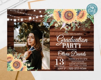 Editable Graduation Party Invitation, Graduation Celebration, Sunflower Graduation Photo Party Invite,Graduation Party Sunflower Invite 28