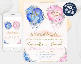 Editable Gender Reveal Invitation,Balloon Gender Reveal,Blush Pink Navy Invite,He or She What Will Baby Be,Baby Gender Reveal Invitation 387