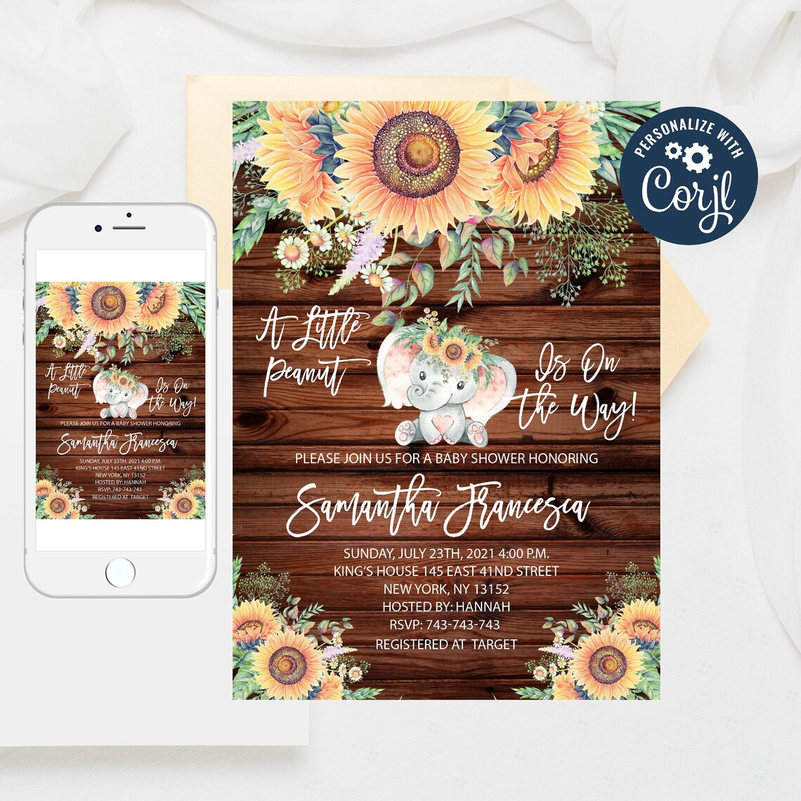 Editable Sunflower Elephant Baby Shower Invitation Sunflower Etsy