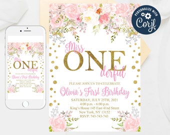 Miss ONEderful Birthday Invitation: Pink Floral, Editable Template