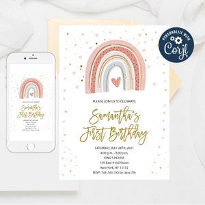 Rainbow First Birthday Invitation Template: Editable Girl&#39;s Invite (Digital Download)