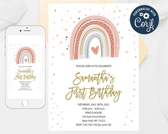 Rainbow First Birthday Invitation Template: Editable Girl's Invite (Digital Download)