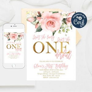 Editable Blush pink Floral Onederful Invitation, Isn't she lovely Isn't she Onederful, First Birthday Girl, Miss Onederful Birthday Template