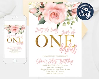 May include: A pink and gold first birthday invitation with floral illustrations. The invitation reads "Isn't she lovely Isn't she ONE derful" and includes the text "Olivia's First Birthday" and details for the event.
