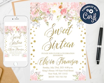 Floral Sweet Sixteen Invitation Template: Editable Birthday Party (Digital)