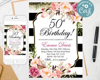 Editable Floral Birthday Invitation, 50th Birthday Invitation for women, Surprise 50th Birthday Invitation, Template Invitation 219