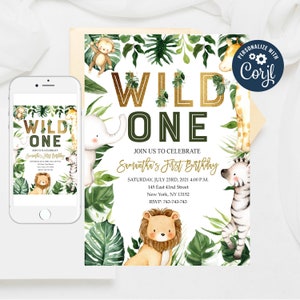 Wild One Safari Birthday Invitation: Jungle Animals (Editable Template)