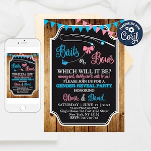 Editable Fishing Gender Reveal Invite, Baits or Bows gender reveal Invitation, Gender Reveal Party, Pink or Blue, Boy or Girl invitation 51