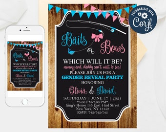 Baits or Bows Gender Reveal Invitation: Editable Fishing Theme (Digital Download)