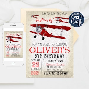 Editable Plane Invitation, Airplane Invitation, Vintage Plane Invitation, Vintage Airplane Invitation, Airplane Party Birthday Template 252