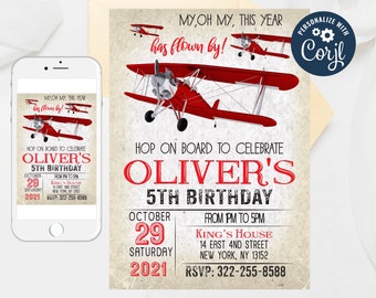 Editable Plane Invitation, Airplane Invitation, Vintage Plane Invitation, Vintage Airplane Invitation, Airplane Party Birthday Template 252