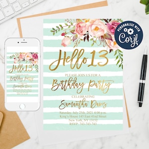 Hello 13 Birthday Invitation: Mint Stripes, Floral (Editable Template)
