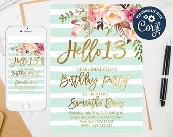 Hello 13 Birthday Invitation: Mint Stripes, Floral (Editable Template)