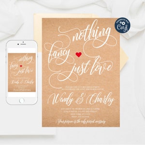 May include: A rustic brown wedding invitation with white calligraphy that reads "nothing fancy just love" with a red heart. The invitation is for Wendy & Charley's wedding on October 29, 2021 at 5:00 PM at King's House, 14 East and Street, New York, NY 13152. The RSVP number is 122-255-8568. The text "Your presence is the only present necessary" is also included.