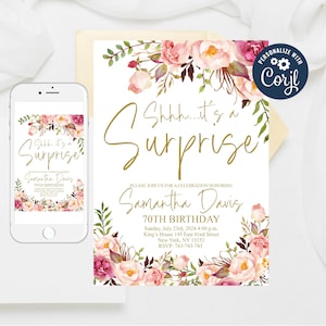 Floral 70th Birthday Invitation: Editable Surprise Party Invite (5x7)