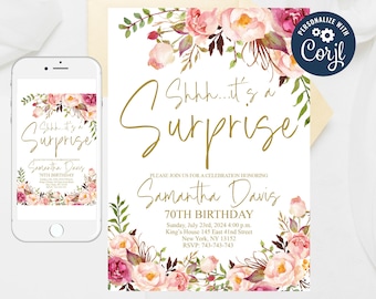 Floral 70th Birthday Invitation: Editable Surprise Party Invite (5x7)