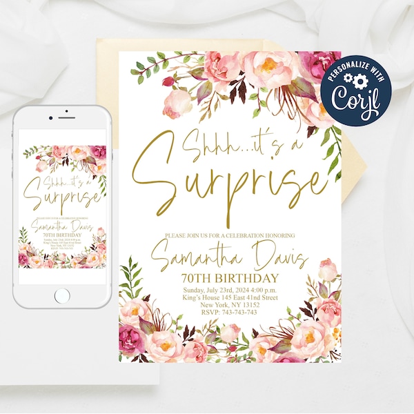Floral 70th Birthday Invitation: Editable Surprise Party Invite (5x7)