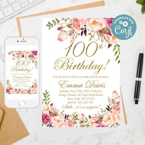 Invito modificabile per il 100° compleanno, Invito di compleanno floreale per donne, Invito di compleanno per donne di qualsiasi età, Invito di compleanno a sorpresa, Modello 1