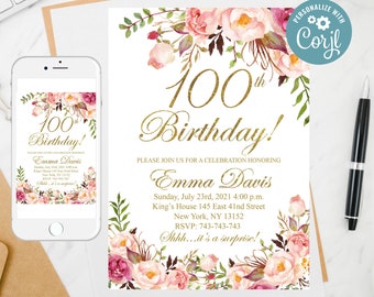 Floral 100th Birthday Invitation Template: Editable Women&#39;s Invite