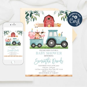 Editable Farm Baby Shower Invitation, Boy Barnyard Baby Shower Invitations, Farm Tractor Invite Blue Farm Animals Baby Shower Templates 84