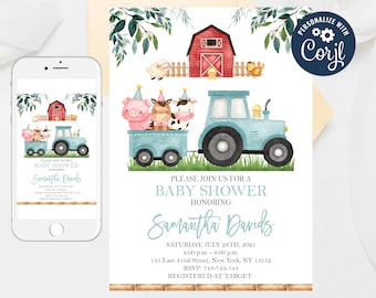Farm Baby Shower Invitation: Tractor, Barnyard Animals (Editable Template)