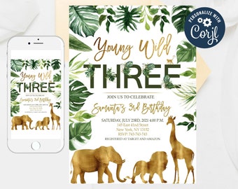Puede incluir: Una invitación imprimible para una fiesta de cumpleaños de un niño de tres años. La invitación presenta un tema de jungla con hojas verdes, animales dorados y el texto "Young Wild Three" en letras doradas. La invitación también incluye el nombre del niño, la fecha y la hora de la fiesta, y la ubicación.