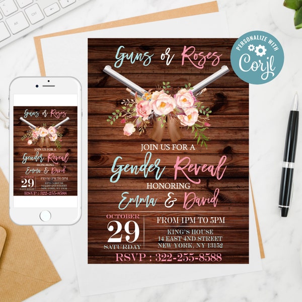 Editable Rustic Guns or Roses Gender Reveal Party Invite, Girl or boy Baby Shower invite,Guns or Roses Gender Reveal Invitation Templates 46