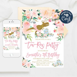 Editable Tea Rex Birthday Invitation: Gold Dinosaur Party (Digital Download)